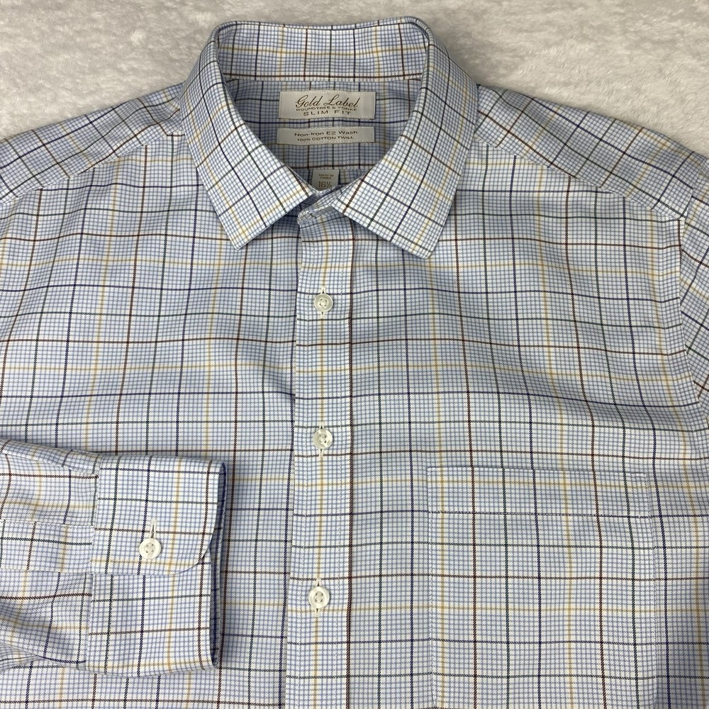 Roundtree & Yorke Gold Label Dress Shirt Mens 16.5-33 Multicolor Checks Slim Fit